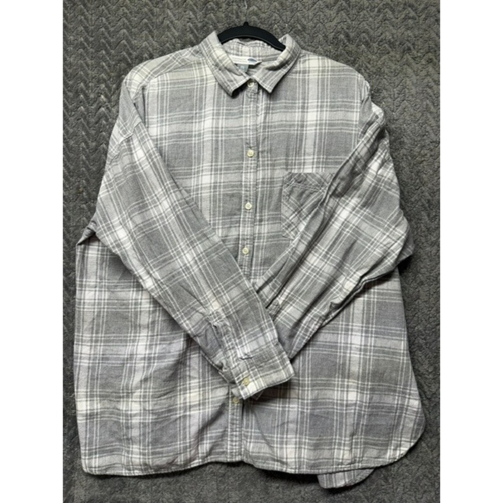 Old Navy The Boyfriend Shirt XXL Grey White Plaid Flannel Button Down Top 0704